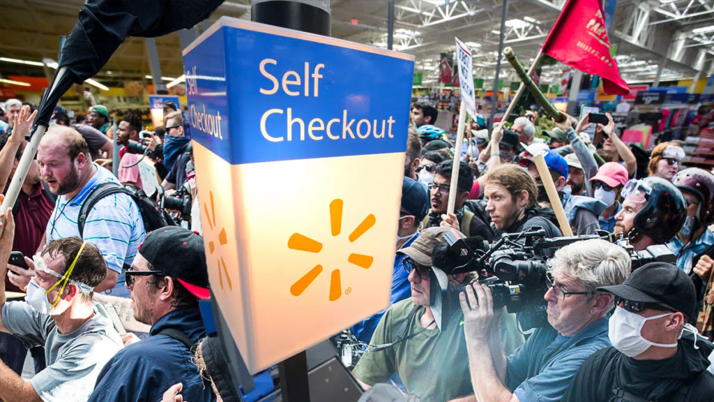 Walmart self checkout line gets out of control