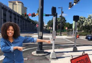 Rogue pedestrian crosswalk sign responds to commands
