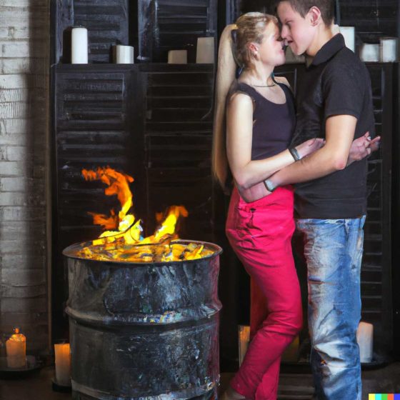 Straight couple about to have sex next two a trashcan that is on fire